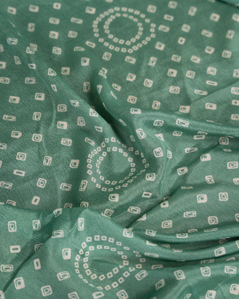 Teal Blue Bandini Prints on Crepe Silk with Mirror lace work and Hand Work Blouse in White color | Blouse Size 38-44" | Free Shipping