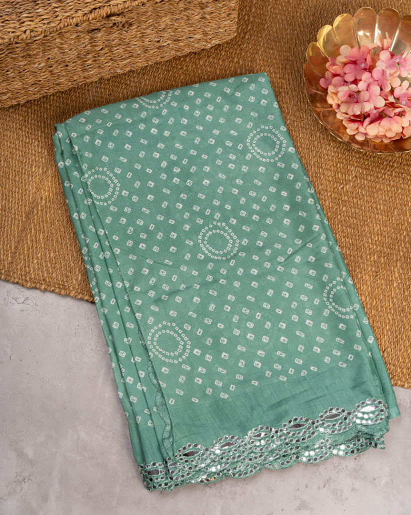 Teal Blue Bandini Prints on Crepe Silk with Mirror lace work and Hand Work Blouse in White color | Blouse Size 38-44" | Free Shipping