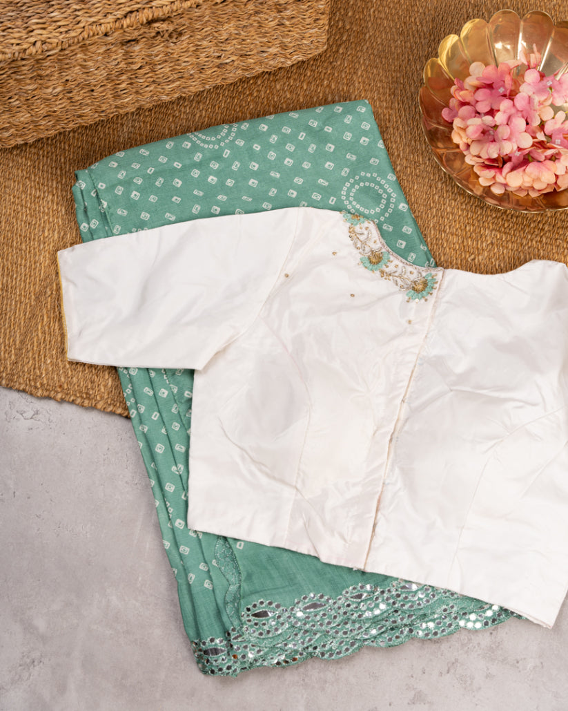 Teal Blue Bandini Prints on Crepe Silk with Mirror lace work and Hand Work Blouse in White color | Blouse Size 38-44" | Free Shipping
