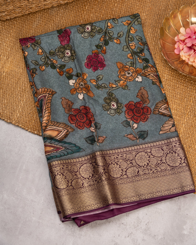 Teal & Grey Munga Silk With Kalamkari Prints and Banarasi Borders with Banarasi Blouse Size 38=44"