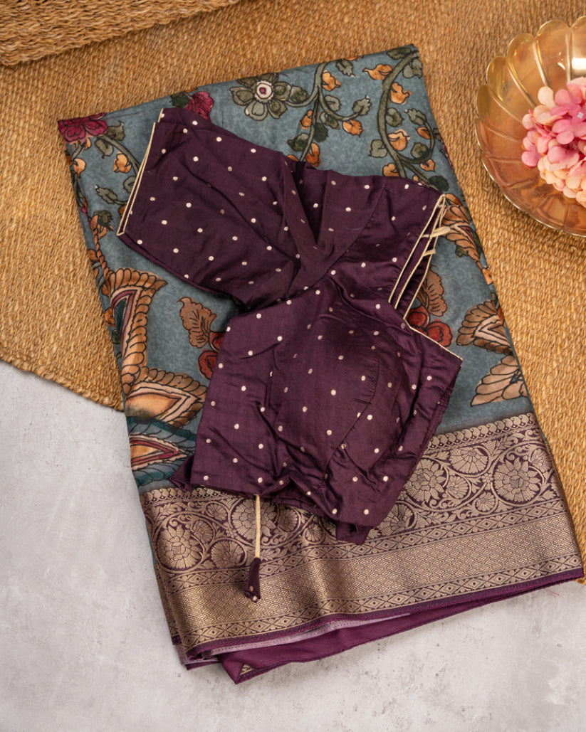 Teal & Grey Munga Silk With Kalamkari Prints and Banarasi Borders with Banarasi Blouse Size 38=44"