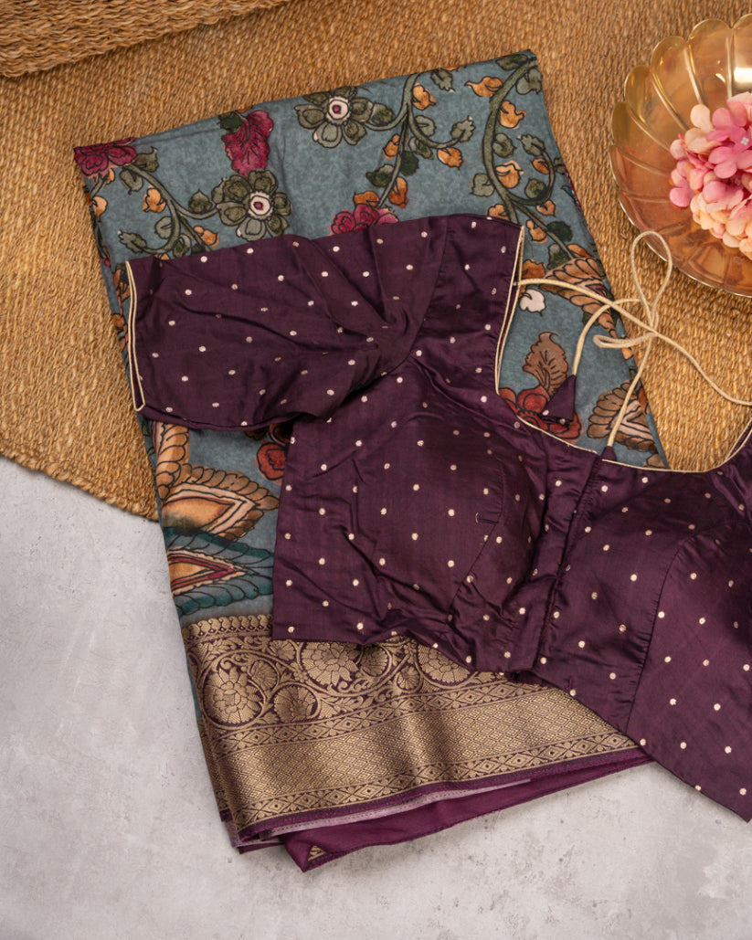 Teal & Grey Munga Silk With Kalamkari Prints and Banarasi Borders with Banarasi Blouse Size 38=44"