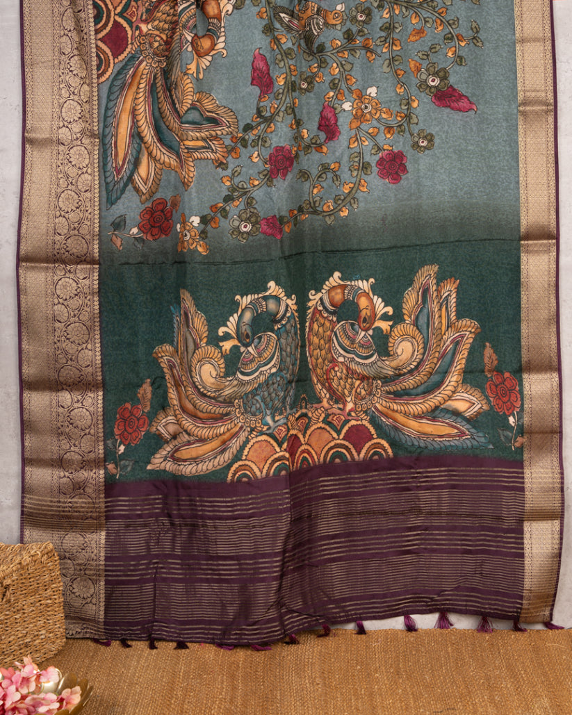 Teal & Grey Munga Silk With Kalamkari Prints and Banarasi Borders with Banarasi Blouse Size 38=44"