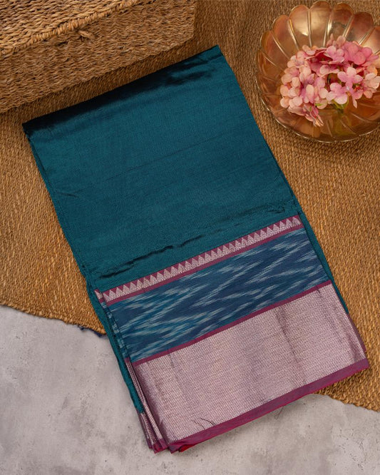 Teal and Maroon Mangalagiri Silk Saree with Ikkat Weave in the Border with Silver Zari and Kalamkari Printed Blouse | Blouse Size 38-44” | Free Shipping