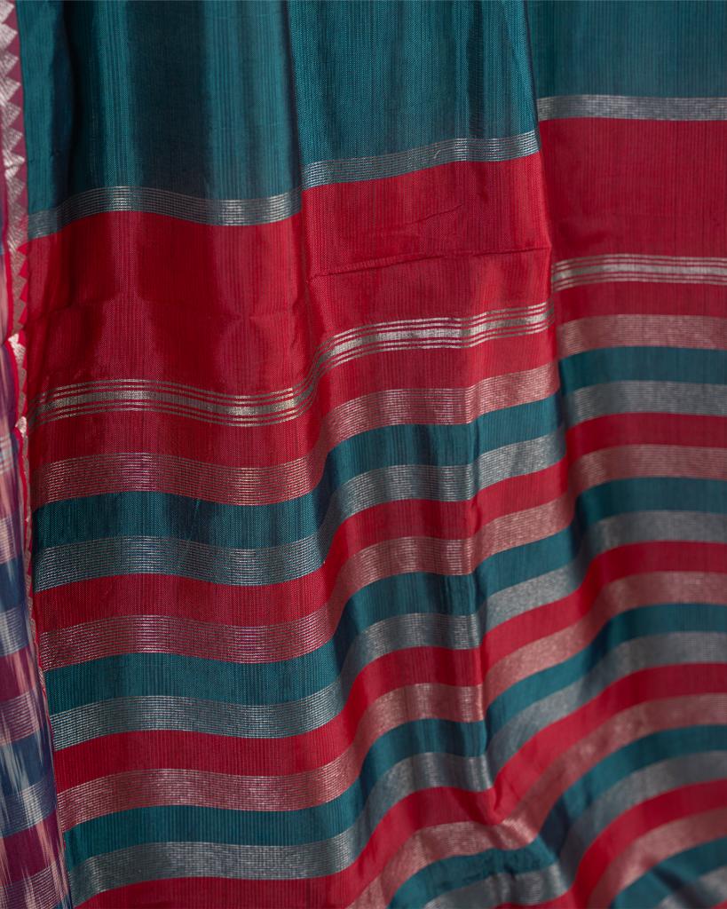 Teal and Maroon Mangalagiri Silk Saree with Ikkat Weave in the Border with Silver Zari and Kalamkari Printed Blouse | Blouse Size 38-44” | Free Shipping