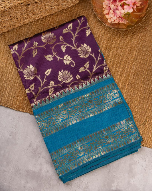 Wine Banarasi Silk Saree with all over Tifli Zari Weaving with Blue Kanchipuram Inspired Borders and Pattern Blouse | Blouse Size 38-44” | Free Shipping