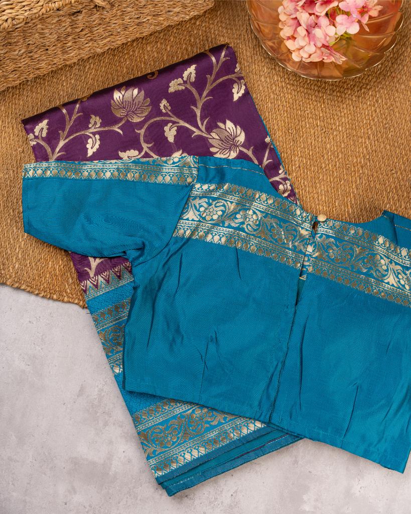 Wine Banarasi Silk Saree with all over Tifli Zari Weaving with Blue Kanchipuram Inspired Borders and Pattern Blouse | Blouse Size 38-44” | Free Shipping