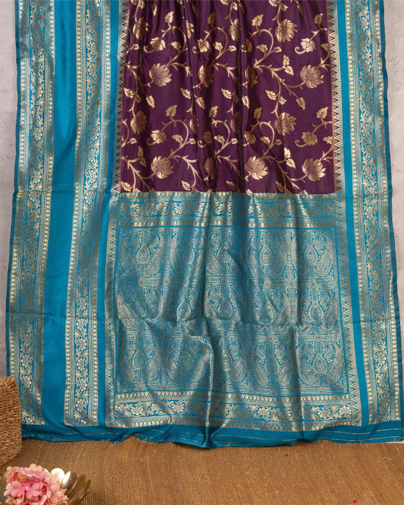 Wine Banarasi Silk Saree with all over Tifli Zari Weaving with Blue Kanchipuram Inspired Borders and Pattern Blouse | Blouse Size 38-44” | Free Shipping