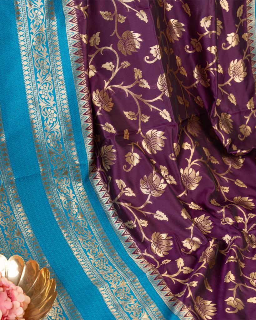Wine Banarasi Silk Saree with all over Tifli Zari Weaving with Blue Kanchipuram Inspired Borders and Pattern Blouse | Blouse Size 38-44” | Free Shipping
