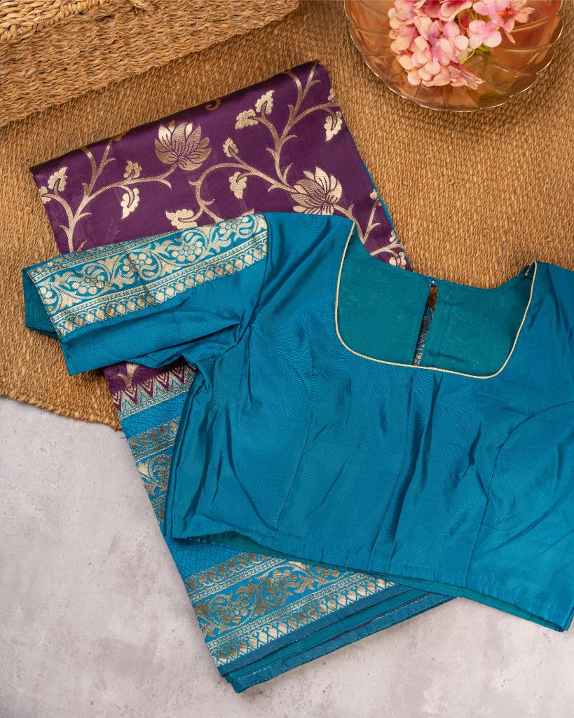 Wine Banarasi Silk Saree with all over Tifli Zari Weaving with Blue Kanchipuram Inspired Borders and Pattern Blouse | Blouse Size 38-44” | Free Shipping