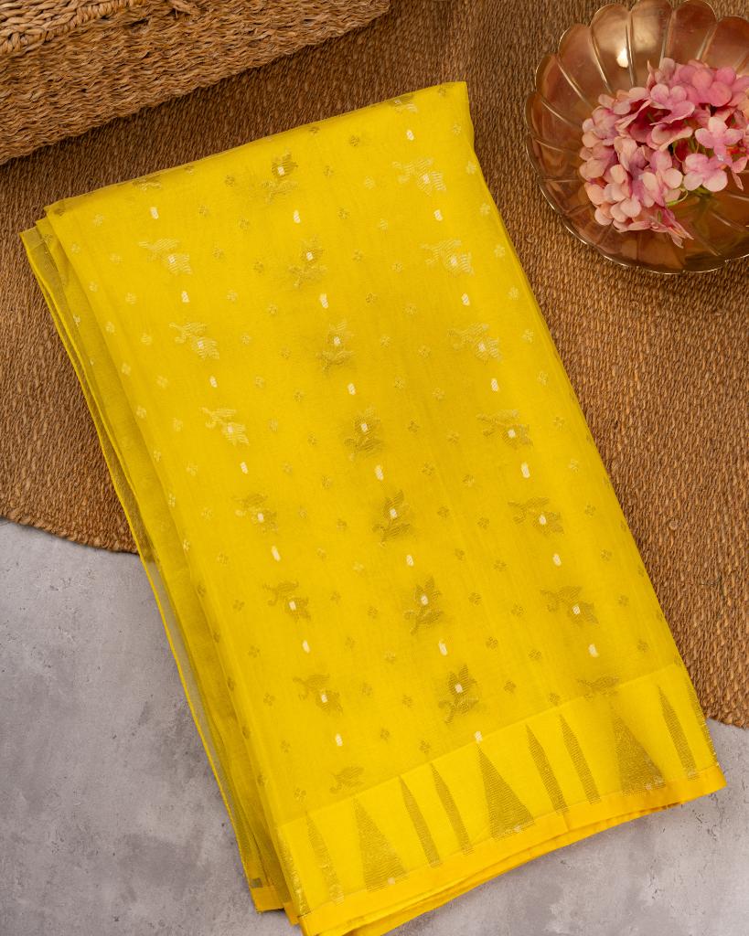 Yellow Dhakai Jamdhani Muslin Silk Saree with Golden Jamdhani woven Motifs over the borders with Pink Pichwai Printed & Embroidered Blouse | Blouse Size 38-44” | Free Shipping