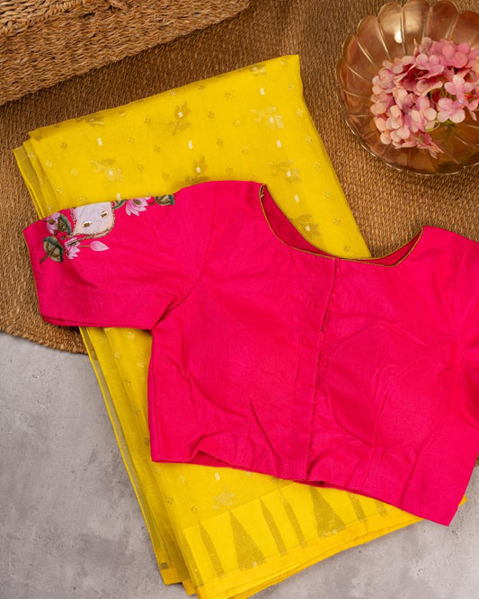 Yellow Dhakai Jamdhani Muslin Silk Saree with Golden Jamdhani woven Motifs over the borders with Pink Pichwai Printed & Embroidered Blouse | Blouse Size 38-44” | Free Shipping