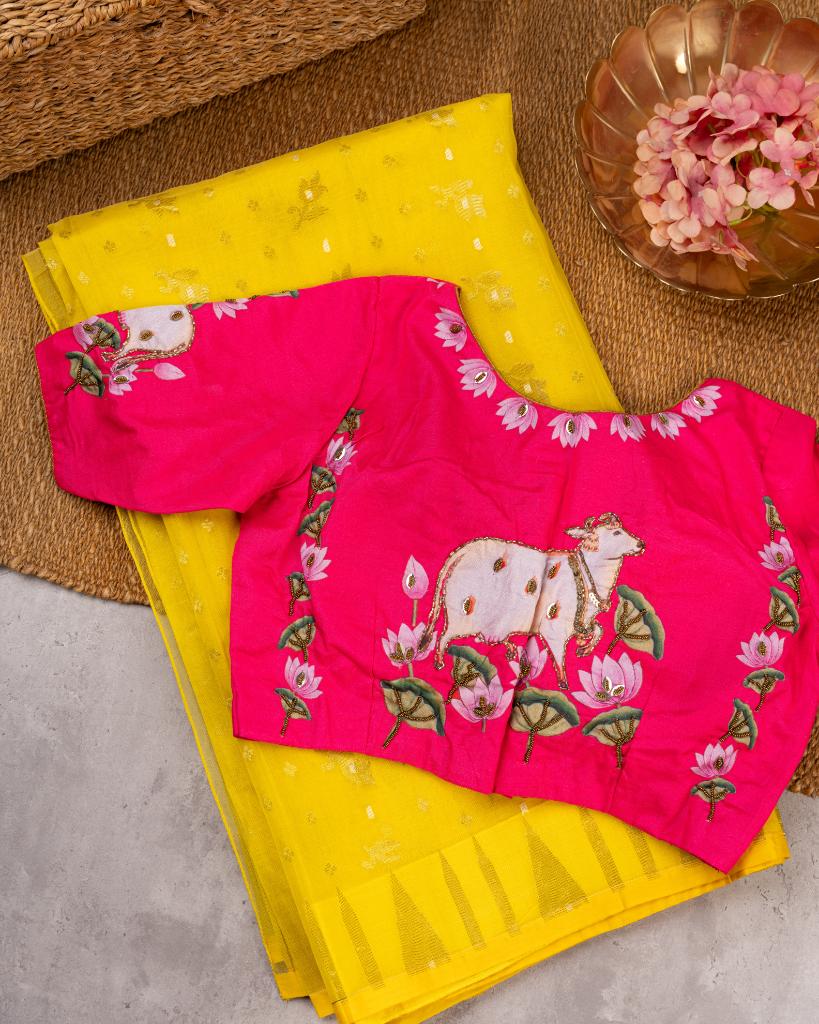Yellow Dhakai Jamdhani Muslin Silk Saree with Golden Jamdhani woven Motifs over the borders with Pink Pichwai Printed & Embroidered Blouse | Blouse Size 38-44” | Free Shipping
