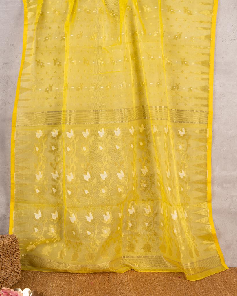Yellow Dhakai Jamdhani Muslin Silk Saree with Golden Jamdhani woven Motifs over the borders with Pink Pichwai Printed & Embroidered Blouse | Blouse Size 38-44” | Free Shipping
