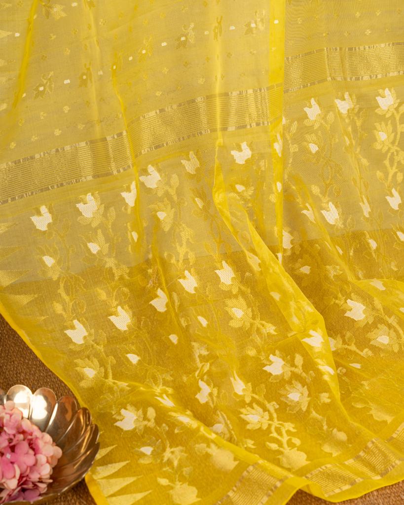 Yellow Dhakai Jamdhani Muslin Silk Saree with Golden Jamdhani woven Motifs over the borders with Pink Pichwai Printed & Embroidered Blouse | Blouse Size 38-44” | Free Shipping