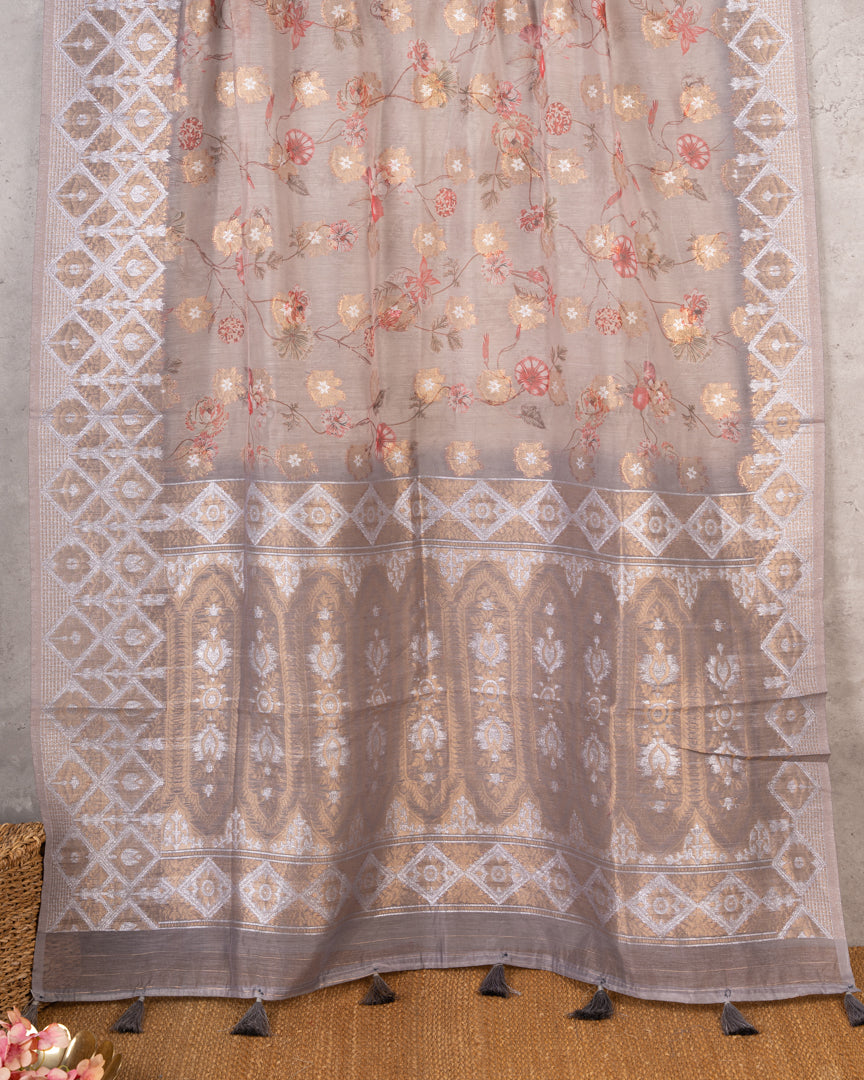Brownish Grey Chanderi Floral Printed Saree with Pattern Blouse