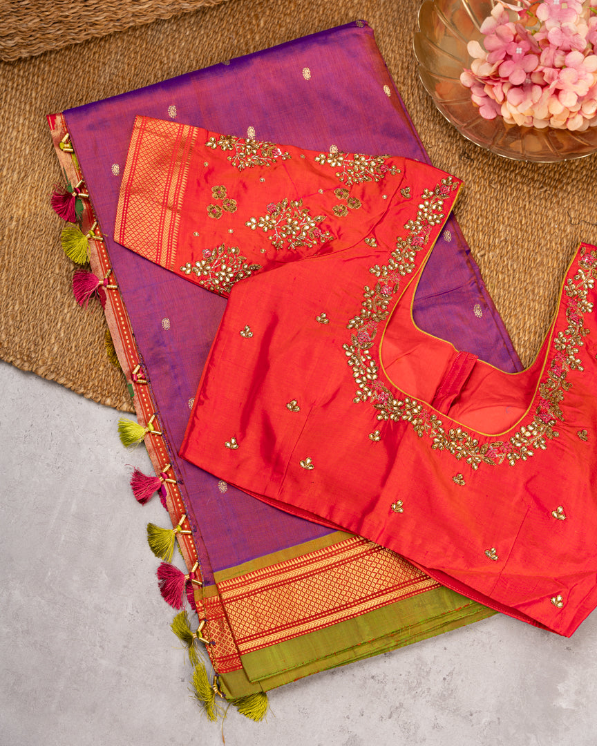Pure Paithani Nauvari Purple Silk Saree with Peacocks and Lotus Pallu and Beautifully designed Hand embroidered Blouse in Red