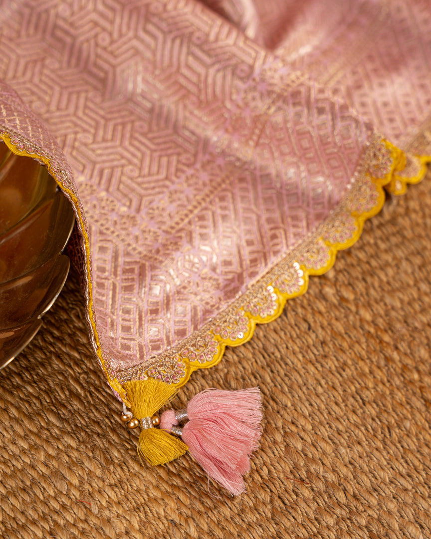 Pure Banarasi Dola Pink Sareewith Mustard Cutwork Borders and Mustard Machine Embroidered Blouse