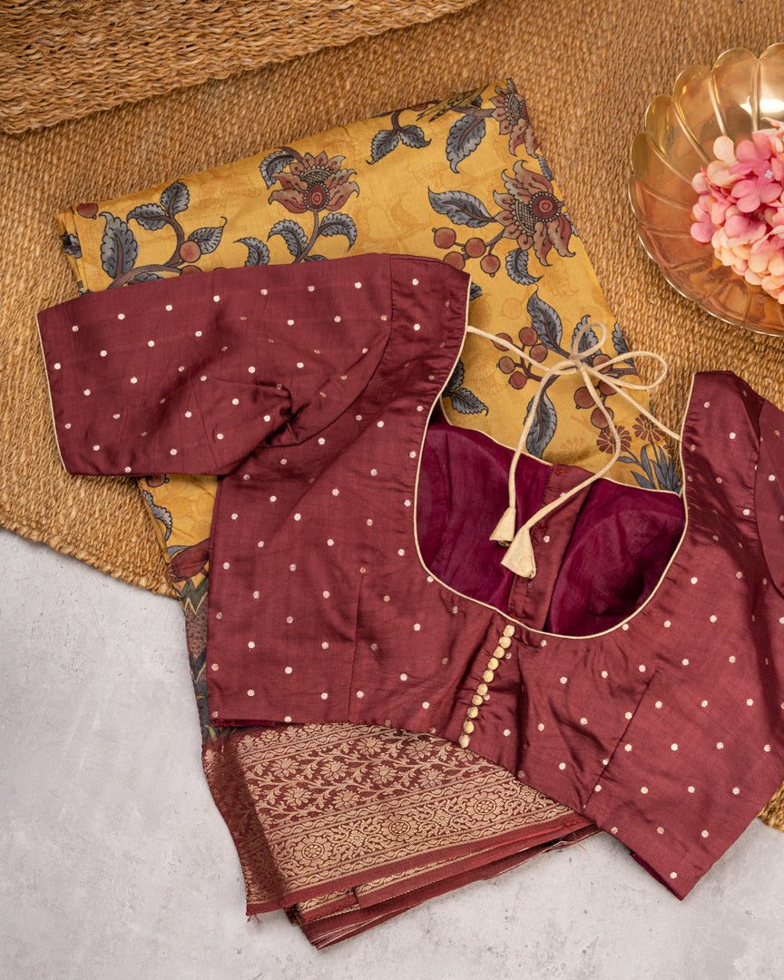 Mustard Pure Banarasi Dola Silk Saree with Kalamkari Prints and Maroon Banarasi Borders with Maroon Banarasi Brocade Blouse