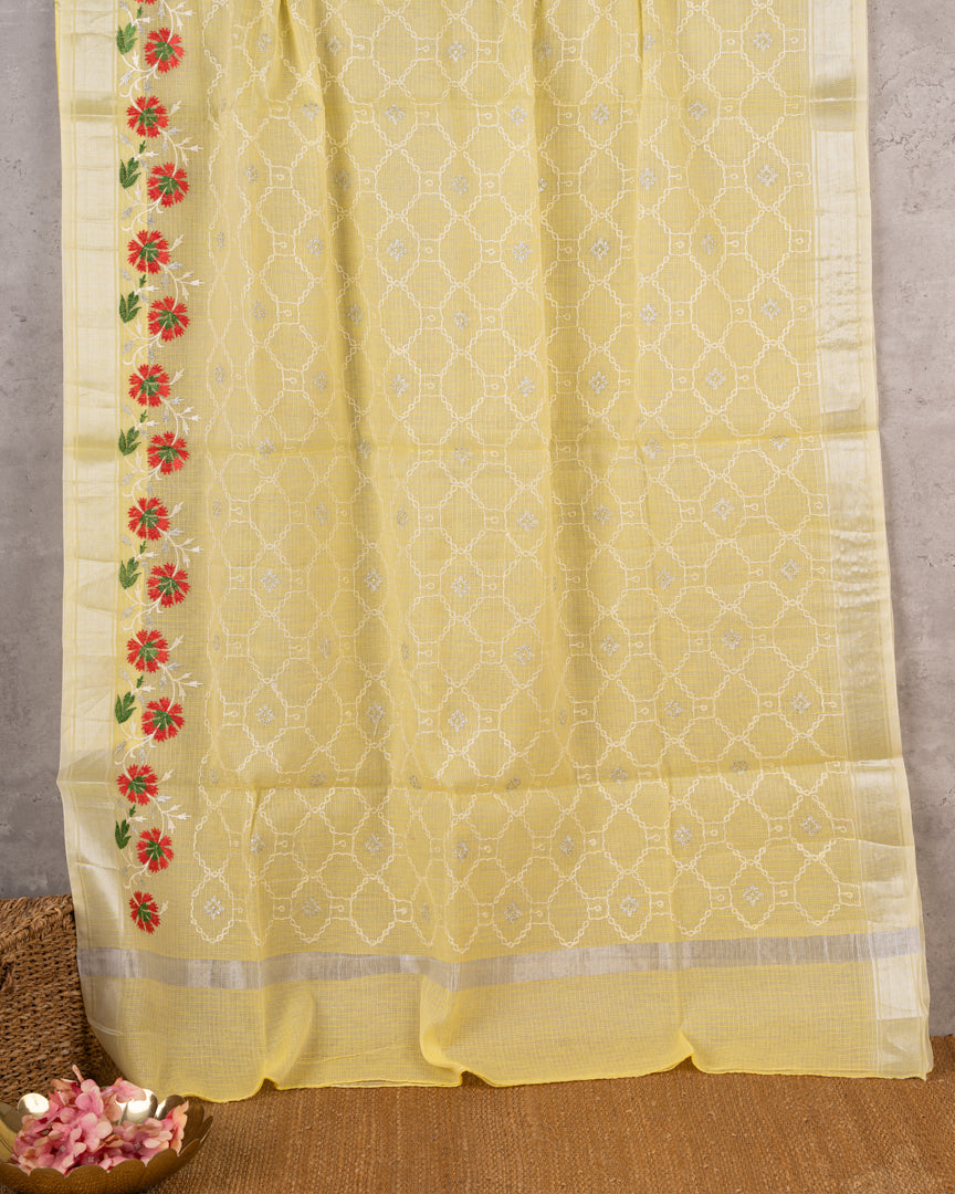 Pastel Yellow Kota Cotton Saree with machine Embroidery over the borders & Trendy Banarasi Blouse