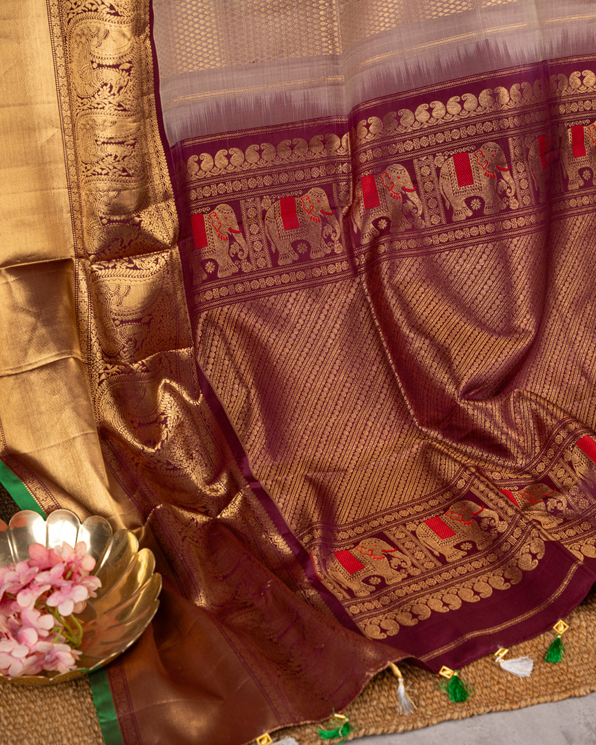 Weavers Excellence : Designer Gadwal Brocade Silk Saree with all over Rain Drop Butties in Biscuit Shade & Contrast Marron Color Borders & Handwork Blouse