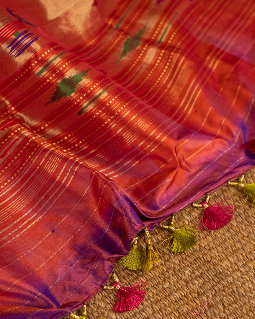 Pure Paithani Nauvari Purple Silk Saree with Peacocks and Lotus Pallu and Beautifully designed Hand embroidered Blouse in Red