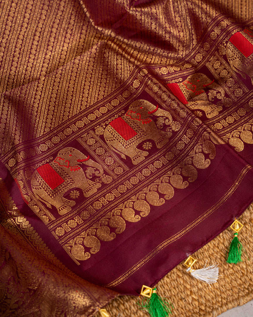 Weavers Excellence : Designer Gadwal Brocade Silk Saree with all over Rain Drop Butties in Biscuit Shade & Contrast Marron Color Borders & Handwork Blouse