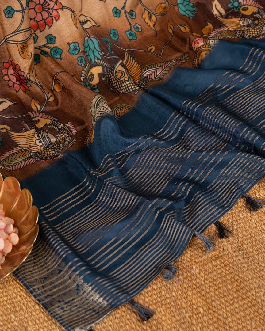 Peach Pure Banarasi Dola Silk Saree with Kalamkari Prints and  Blue Banarasi Borders with Blue Banarasi Brocade Blouse