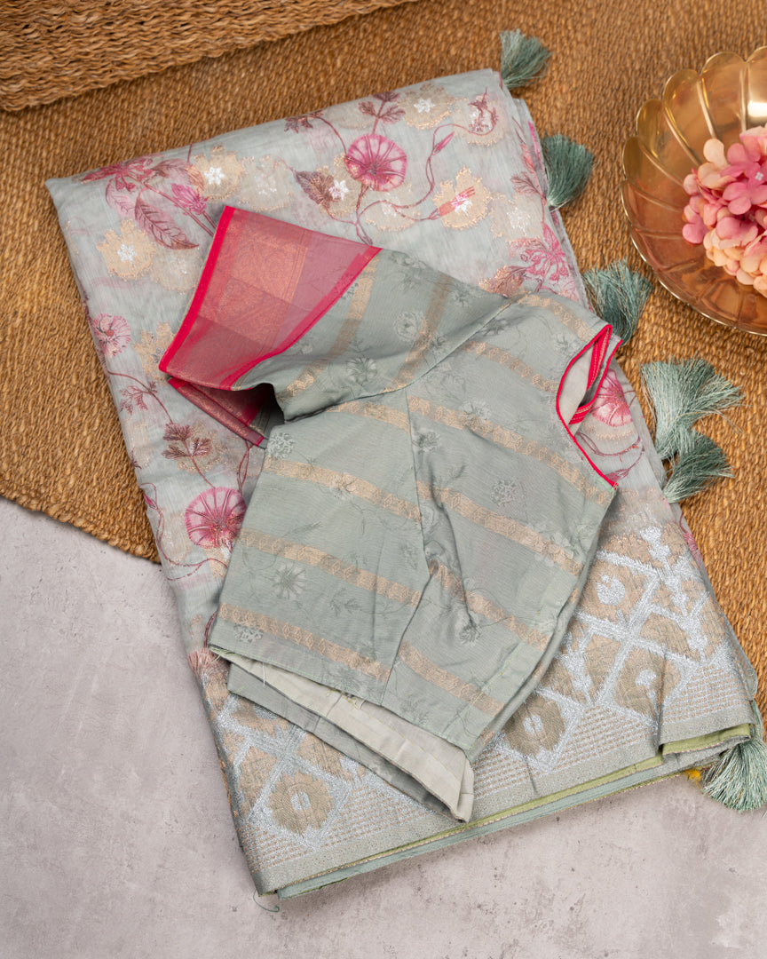 Greenish Grey Chanderi Floral Printed Saree with Pattern Blouse