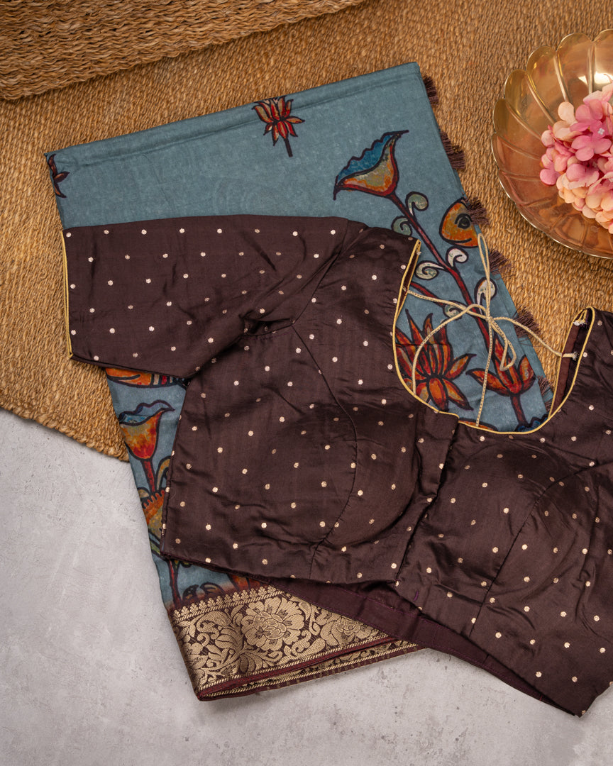 Grey Pure Banarasi Dola Silk Saree with Kalamkari Prints and Brown Banarasi Borders with Coffee Brown Banarasi Brocade Blouse