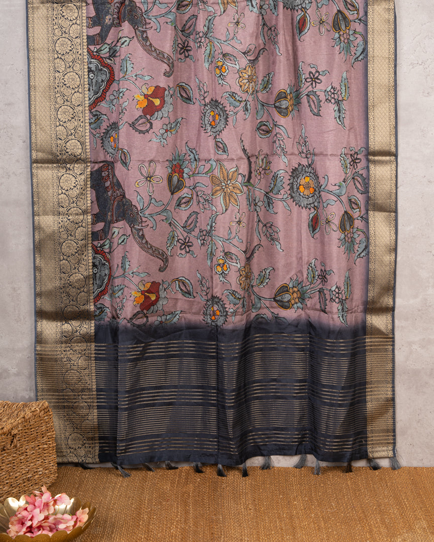 Lilac Pure Banarasi Dola Silk Saree with Kalamkari Prints and Charcoal Grey Banarasi Borders with Charcoal Grey  Banarasi Brocade Blouse