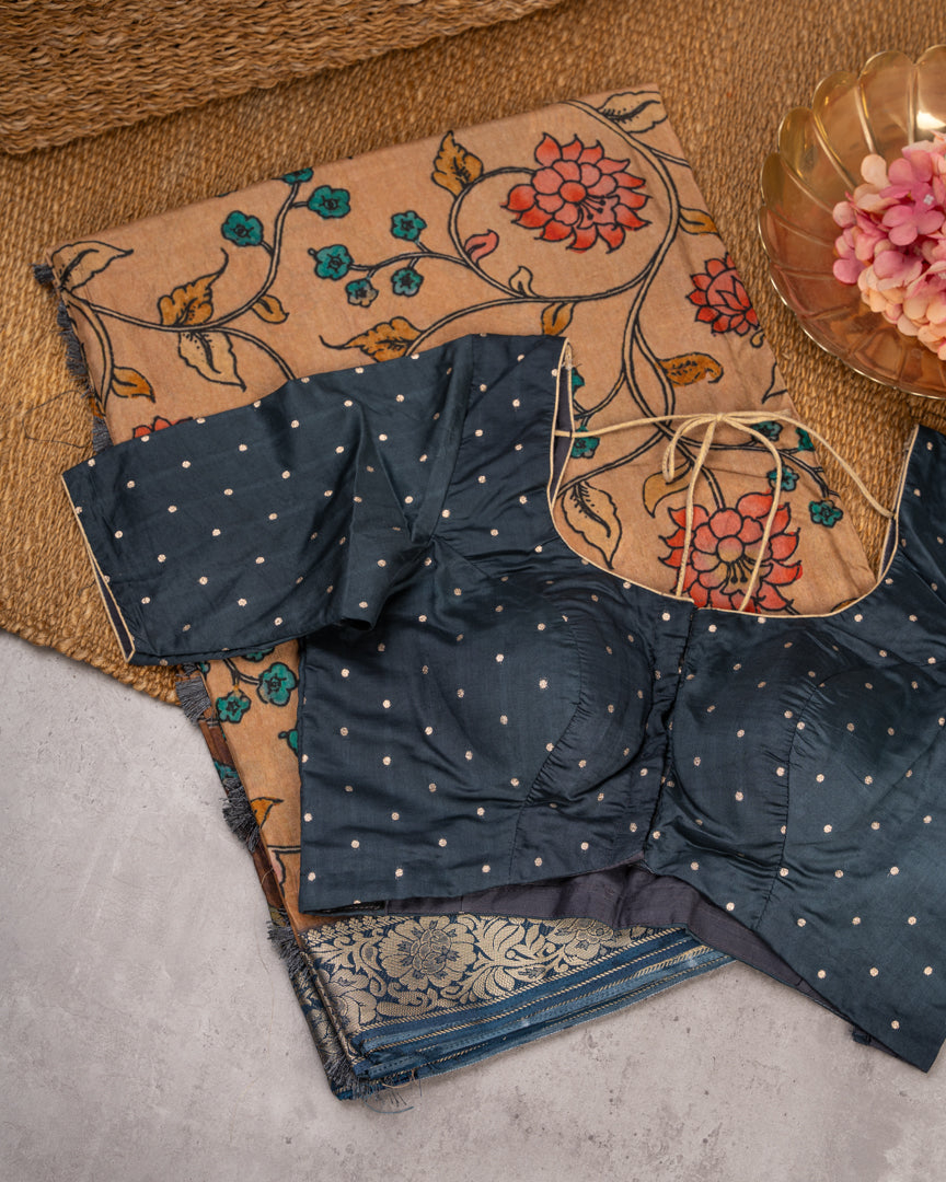 Peach Pure Banarasi Dola Silk Saree with Kalamkari Prints and  Blue Banarasi Borders with Blue Banarasi Brocade Blouse