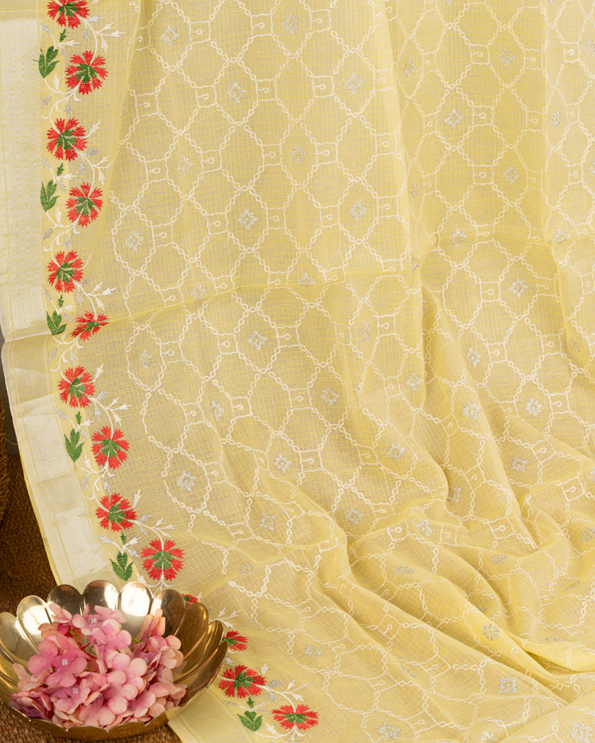 Pastel Yellow Kota Cotton Saree with machine Embroidery over the borders & Trendy Banarasi Blouse