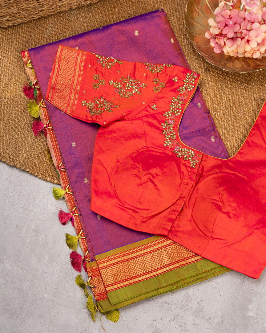 Pure Paithani Nauvari Purple Silk Saree with Peacocks and Lotus Pallu and Beautifully designed Hand embroidered Blouse in Red