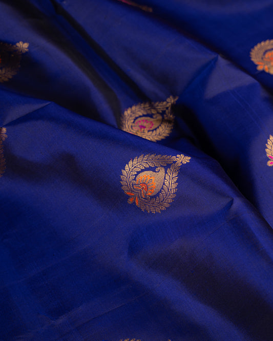 Fusion : Premium Kanchipuram Silk Saree in Ink Blue Color with Fuscia Double Retta Petta Borders and Menakari Woven Banarasi Motifs and Hand Embroidered Blouse