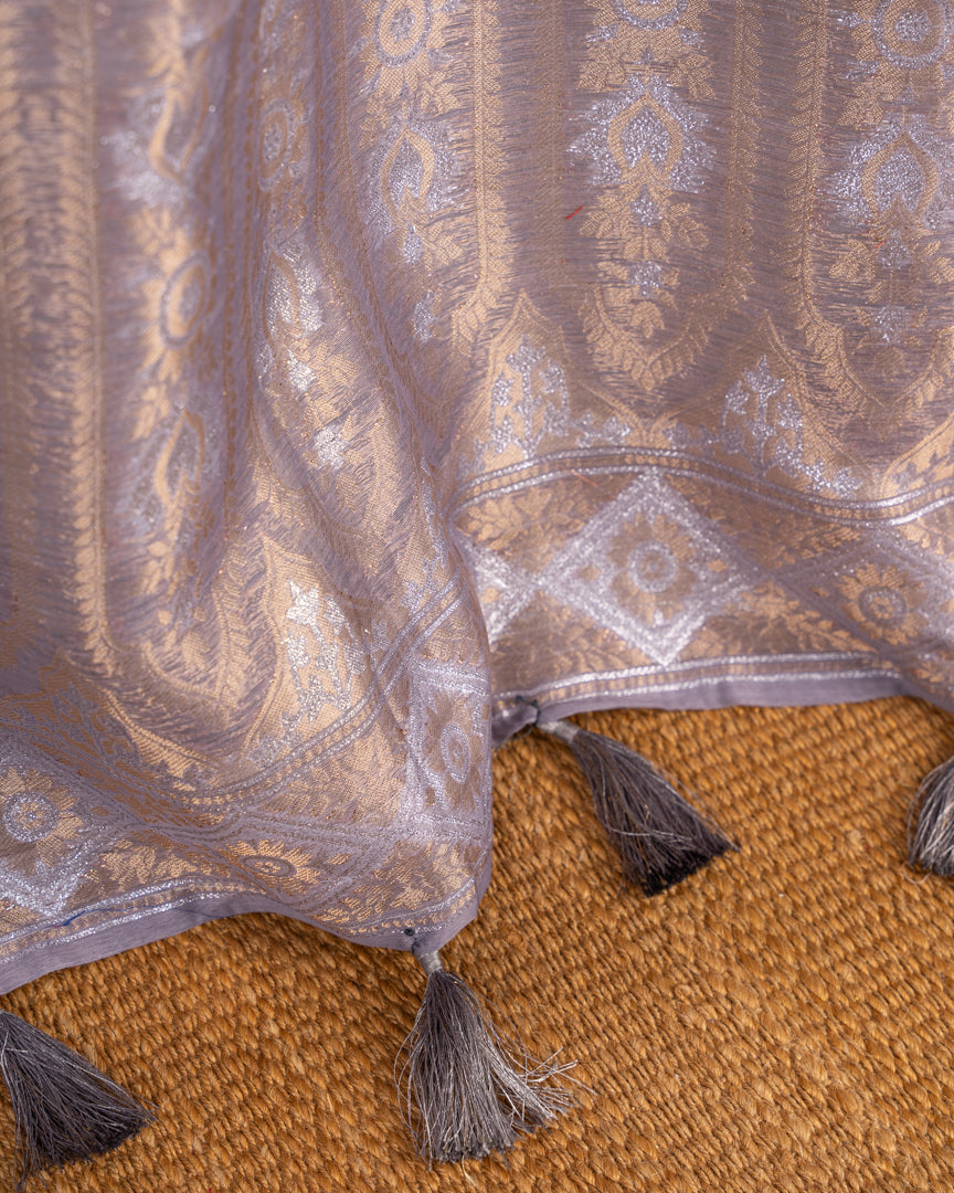 Pastel Grey Chanderi Floral Printed Saree with Pattern Blouse