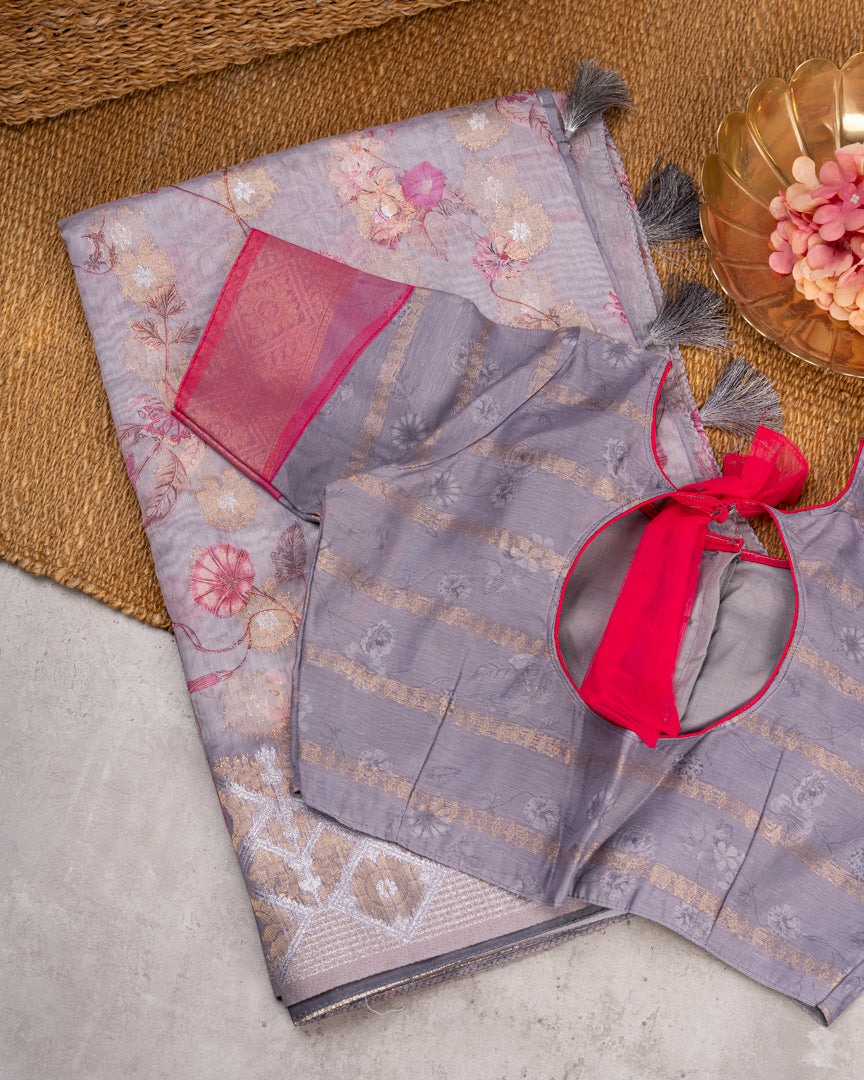 Pastel Grey Chanderi Floral Printed Saree with Pattern Blouse