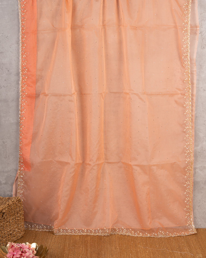 Pastel Peach Partywear Pure Orgaza Silk saree with Cutdana and Pearl Hand Embroidered Borders with Intricate Handwork Blouse