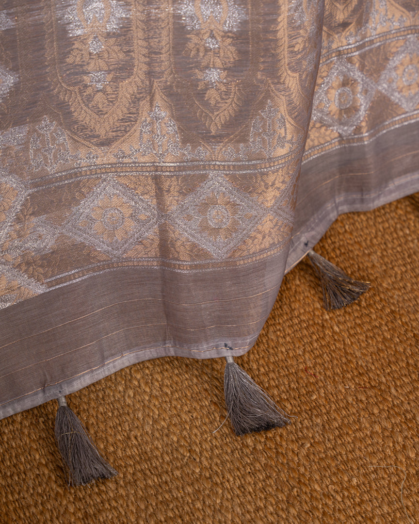 Brownish Grey Chanderi Floral Printed Saree with Pattern Blouse