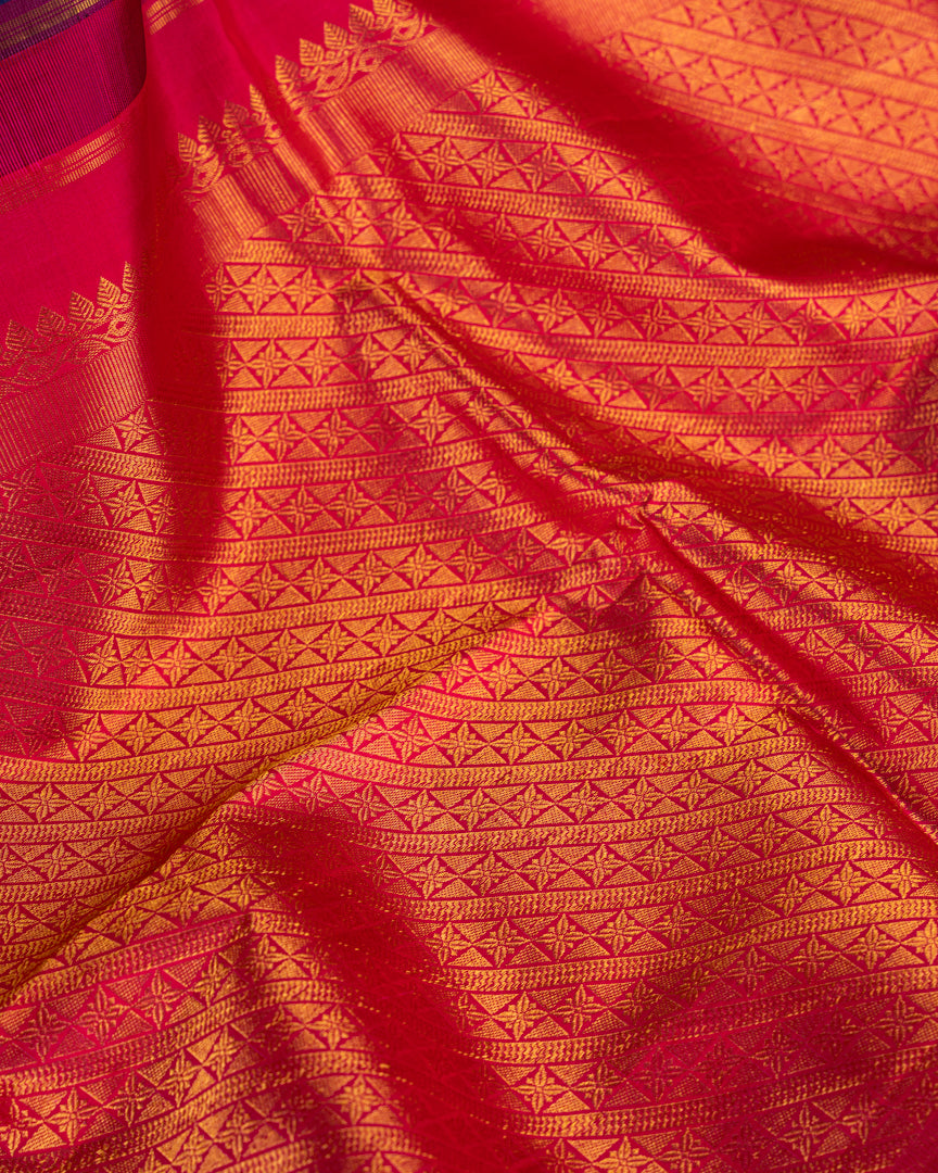 Fusion : Premium Kanchipuram Silk Saree in Ink Blue Color with Fuscia Double Retta Petta Borders and Menakari Woven Banarasi Motifs and Hand Embroidered Blouse