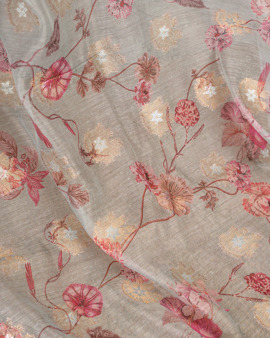 Greenish Grey Chanderi Floral Printed Saree with Pattern Blouse