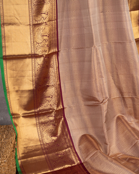 Weavers Excellence : Designer Gadwal Brocade Silk Saree with all over Rain Drop Butties in Biscuit Shade & Contrast Marron Color Borders & Handwork Blouse