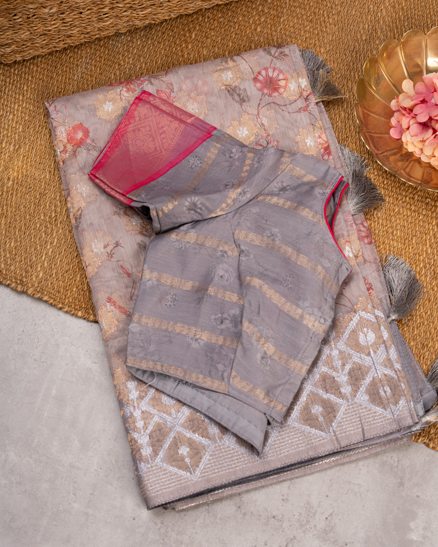 Brownish Grey Chanderi Floral Printed Saree with Pattern Blouse