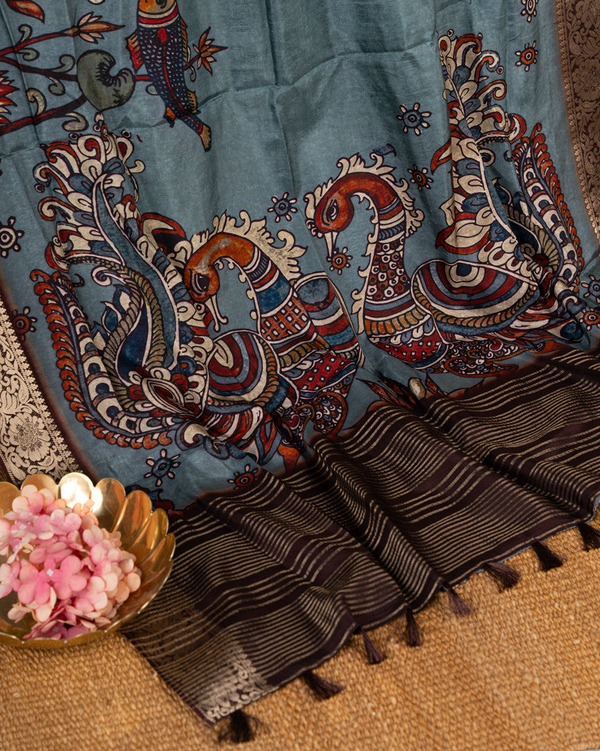 Grey Pure Banarasi Dola Silk Saree with Kalamkari Prints and Brown Banarasi Borders with Coffee Brown Banarasi Brocade Blouse