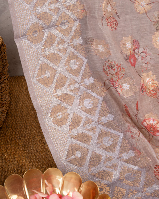 Brownish Grey Chanderi Floral Printed Saree with Pattern Blouse