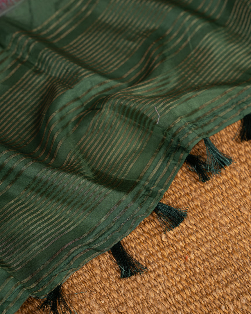 Grey Pure Banarasi Dola Silk Saree with Kalamkari Prints and  Green Banarasi Borders with Green Banarasi Brocade Blouse