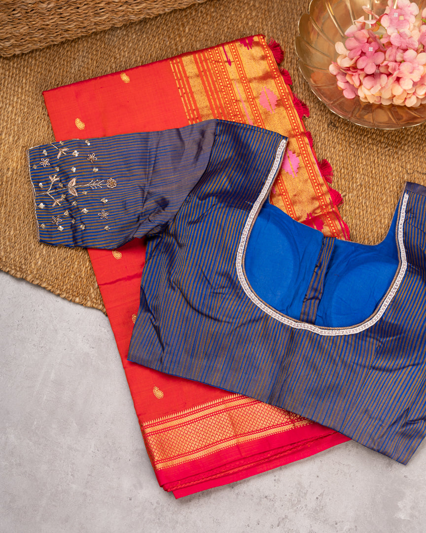 Pure Paithani Nauvari Red & Pink Dual tone Silk Saree with Peacocks and Lotus Fancy Pallu and Beautifully designed Hand embroidered Blouse in Blue