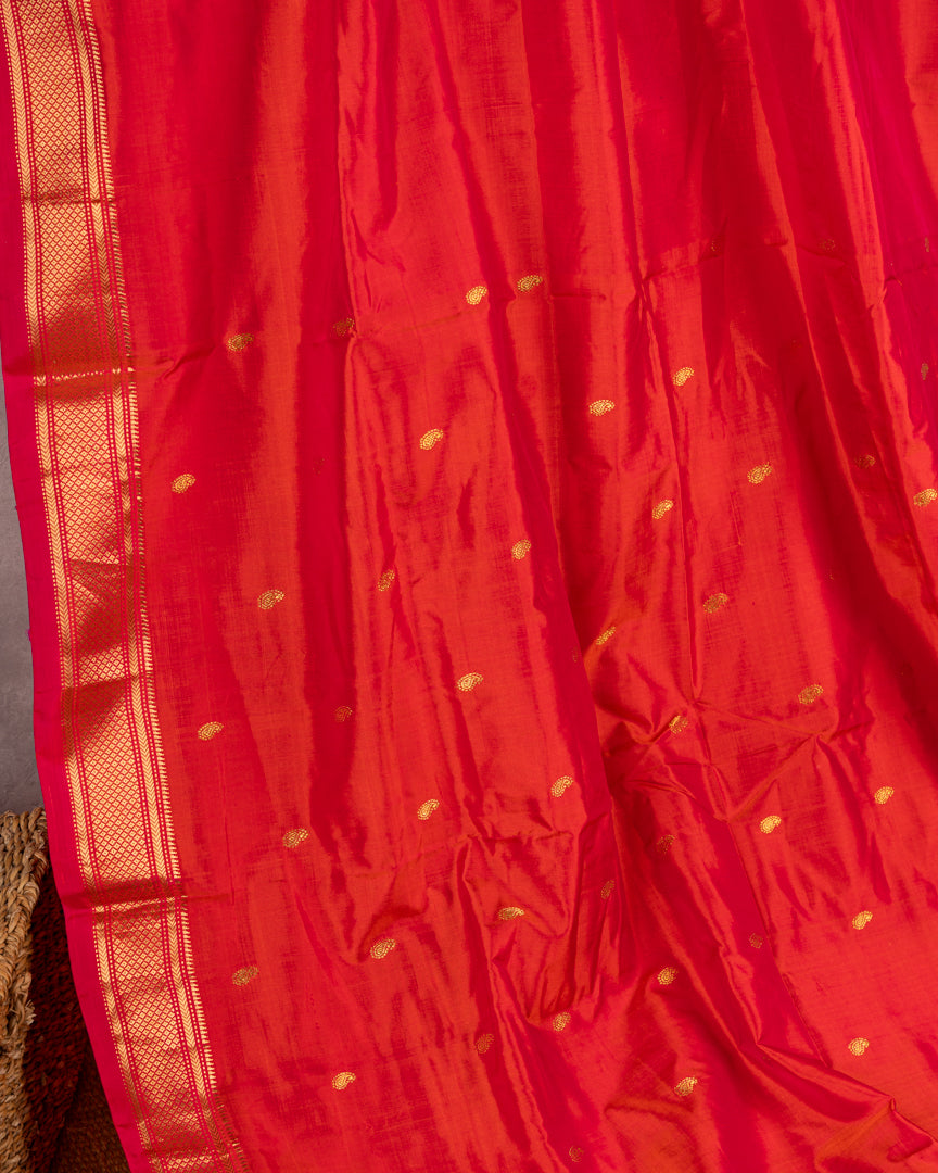 Pure Paithani Nauvari Red & Pink Dual tone Silk Saree with Peacocks and Lotus Fancy Pallu and Beautifully designed Hand embroidered Blouse in Blue
