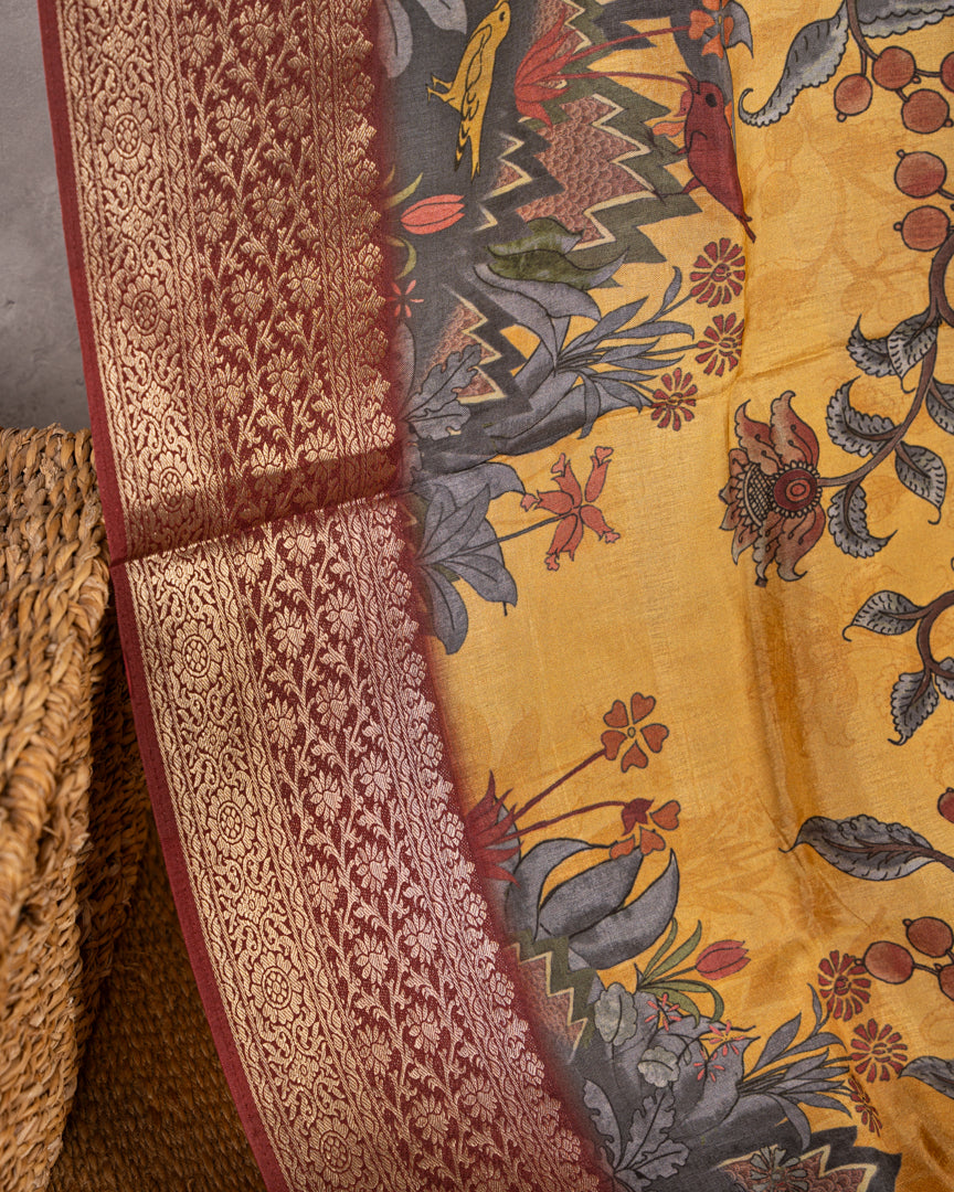Mustard Pure Banarasi Dola Silk Saree with Kalamkari Prints and Maroon Banarasi Borders with Maroon Banarasi Brocade Blouse