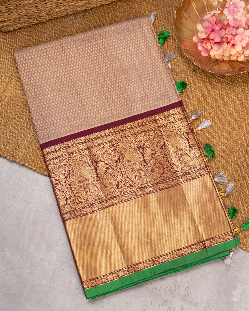 Weavers Excellence : Designer Gadwal Brocade Silk Saree with all over Rain Drop Butties in Biscuit Shade & Contrast Marron Color Borders & Handwork Blouse